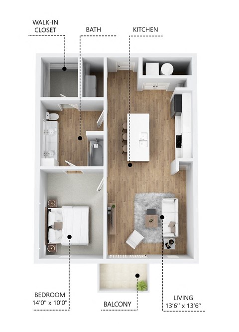 Floor plan for 1 bed, 1 bath, 775 sqft
